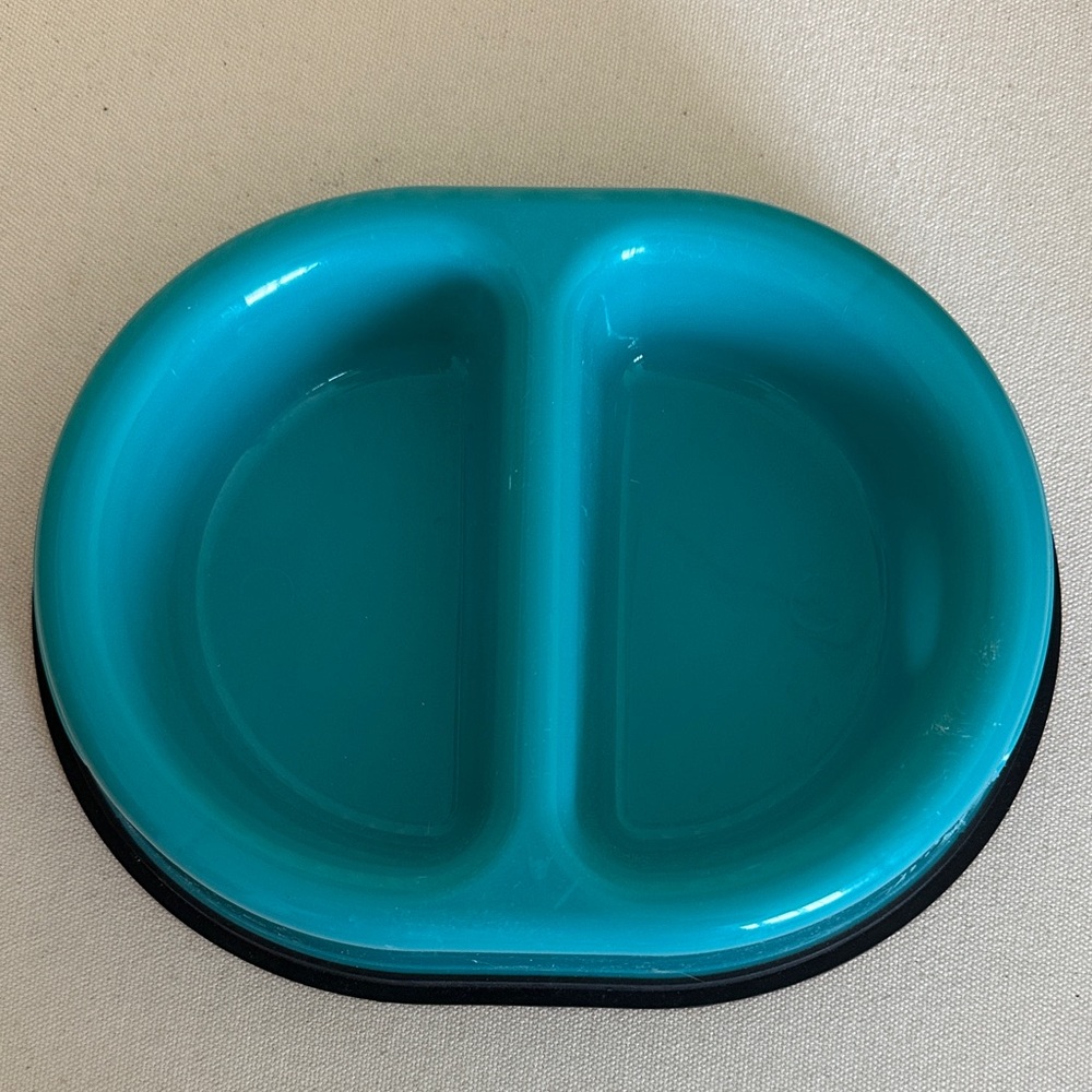 Divided Double Dish Teal Plastic Food Bowl For Small Dog Or Cat
